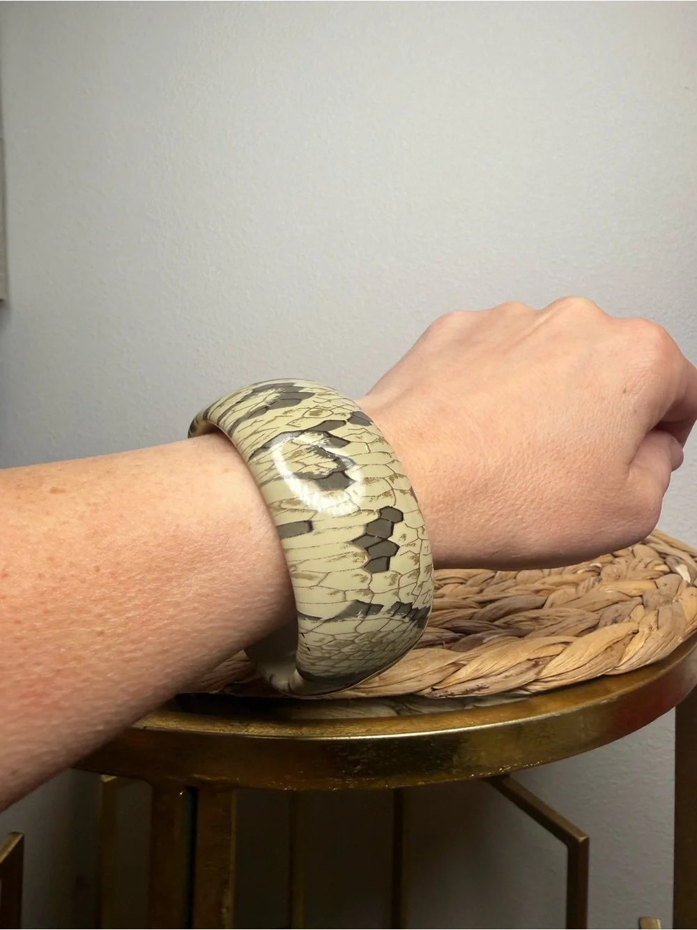 Vintage Kenneth Jay Lane Bangle Snake Python Print Cream Gray Patterned Bracelet